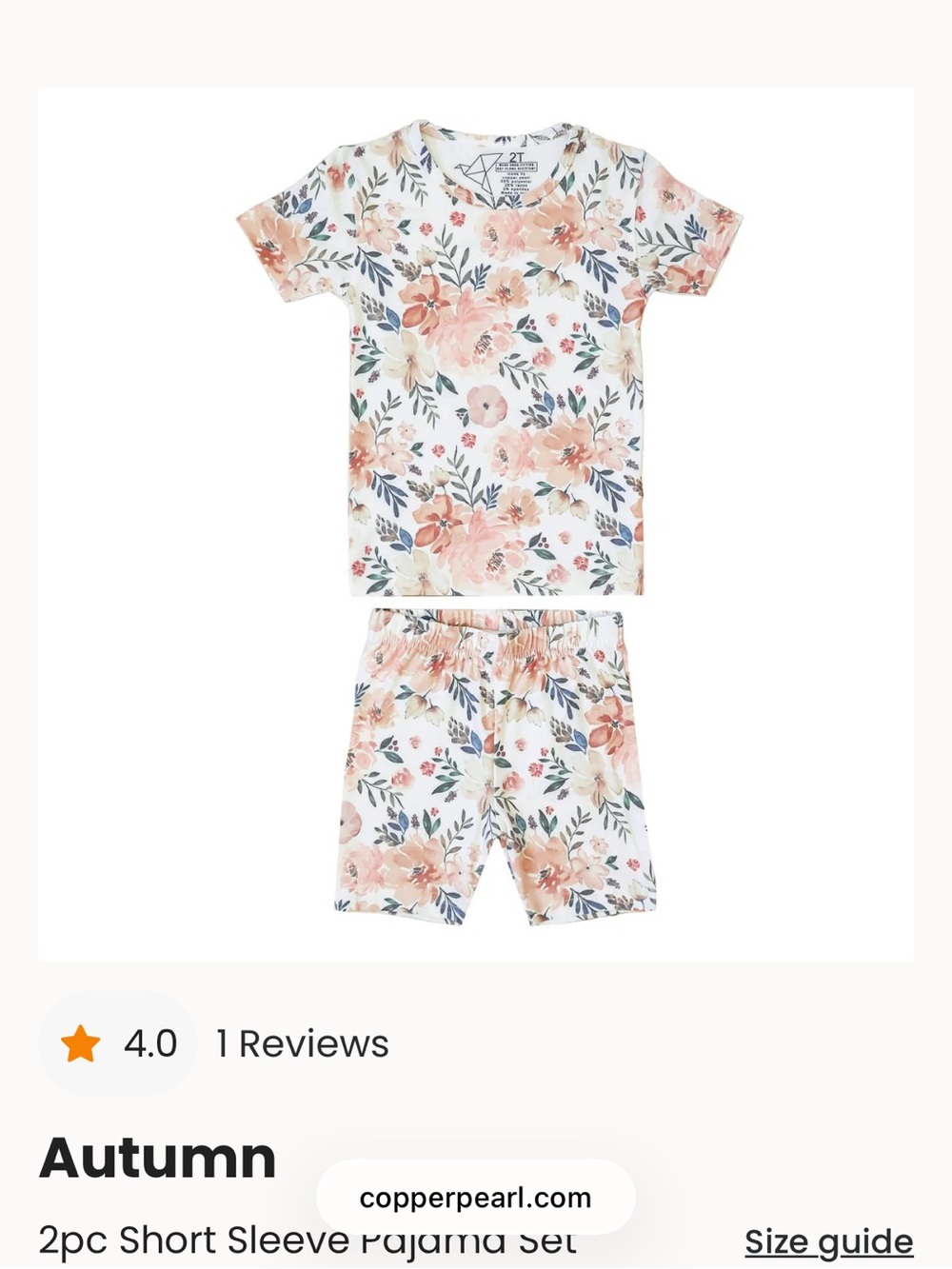 Copper Pearl “Autumn” Kids Floral Short Sleeve Pajama Set - White & Peach